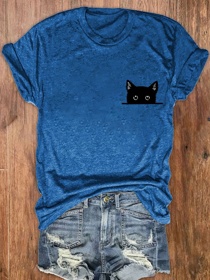 Women's Black Cat Print T-Shirt