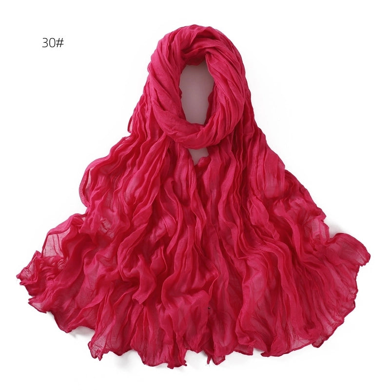 Spring And Autumn Pure Color Silk Yarn Twist Wrinkle Cotton And Linen Breathable Thin Scarf Female Cover Scarf In Stock