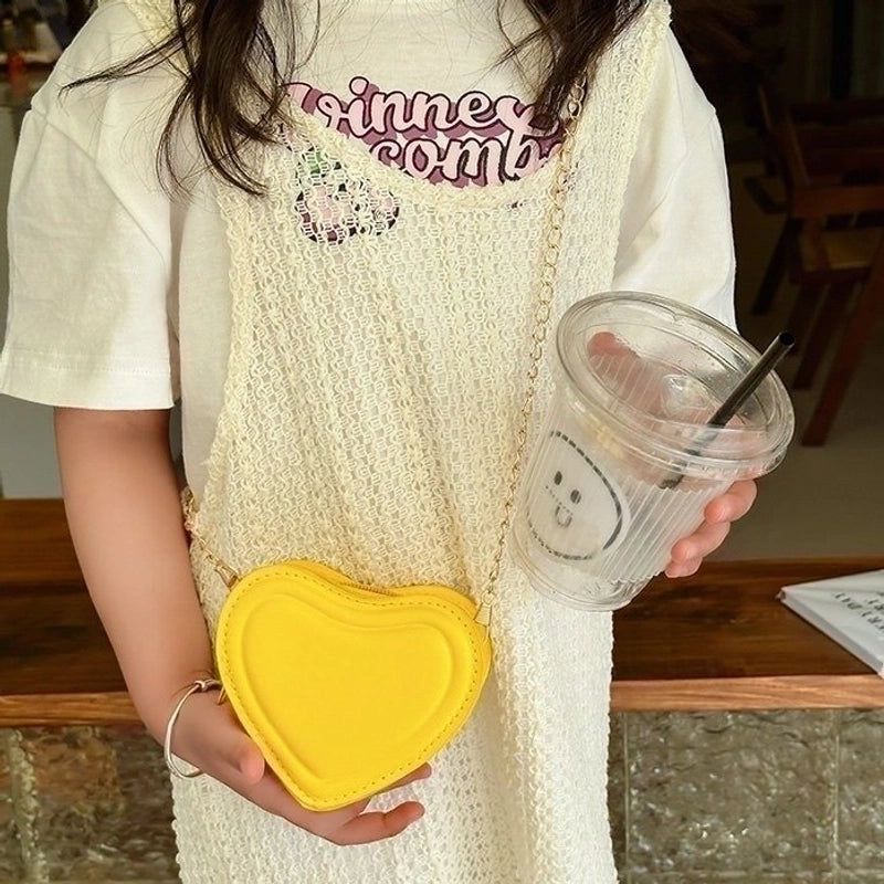 Girl's Pu Leather Heart Shape Solid Color Cute Heart-shaped Zipper Shoulder Bag Crossbody Bag Chain Bag