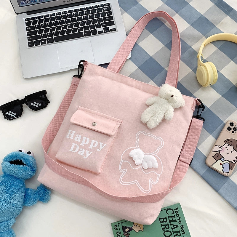 Women's Large Canvas Letter Little Bear Classic Style Zipper Canvas Bag