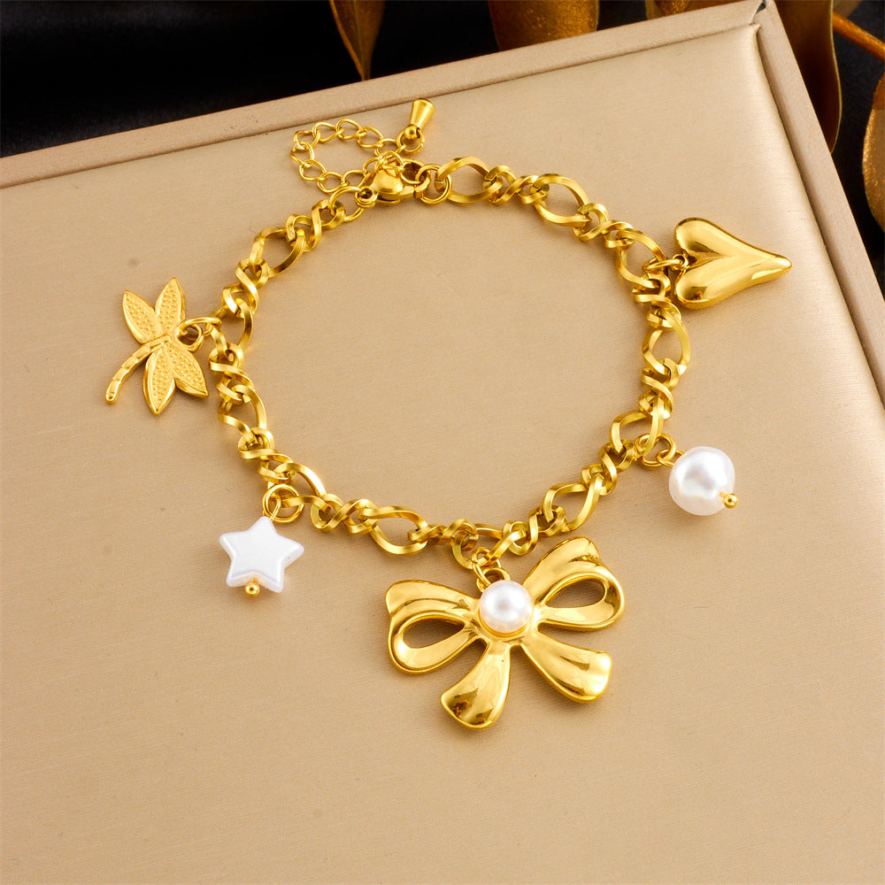 Fashion Gold-Plated Stainless Steel Bow Pearl Heart Dragonfly Five-Pointed Star Pendant Bracelet