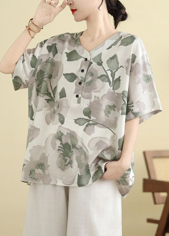 Plus Size White Print Button T Shirt Summer