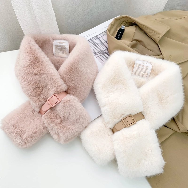 Women's Plush Collar Scarf With Belt Buckle Autumn And Winter Warm Fashionable All-match Cross Scarf