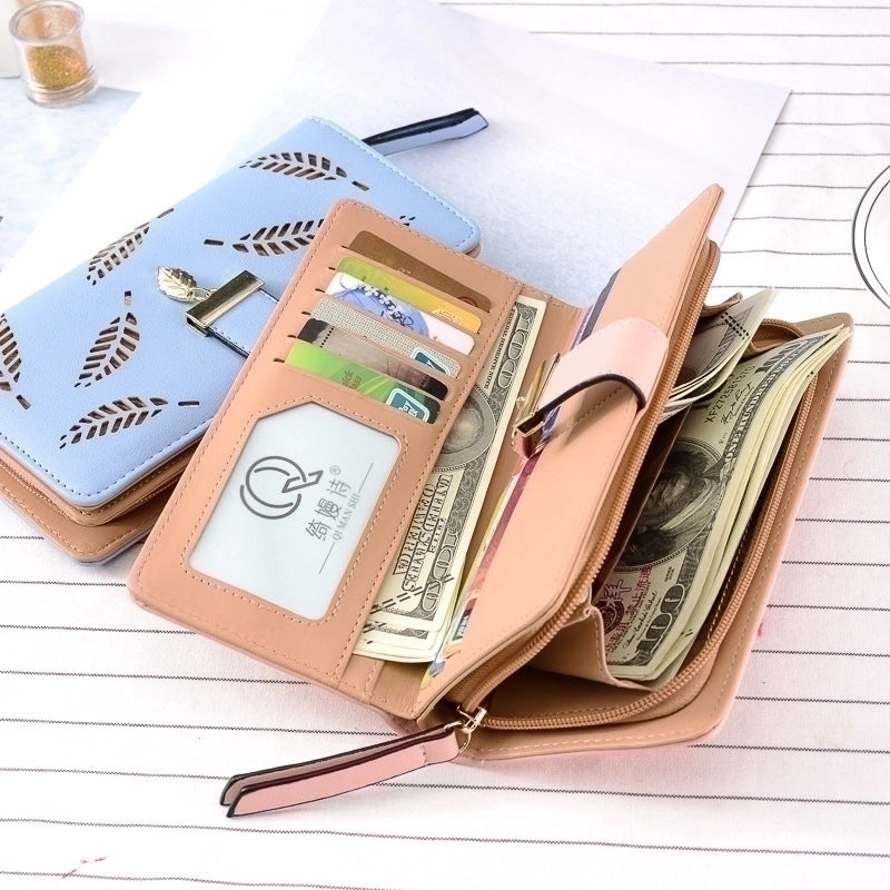 Women's Leaves Solid Color Pu Leather Hollow Zipper Buckle Wallets