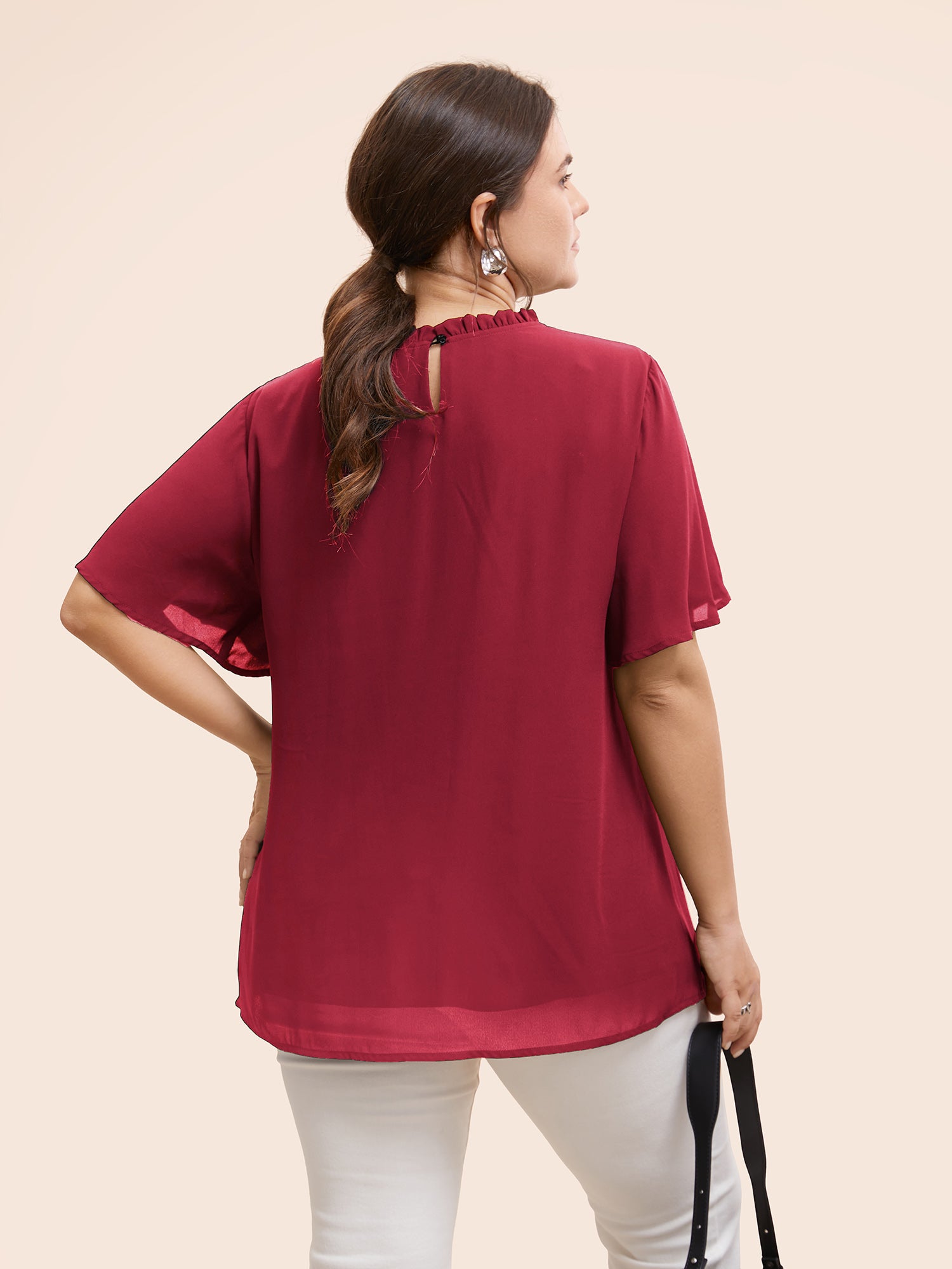 Anti-Wrinkle Shirred Ruffle Sleeve Mesh Frill Trim Blouse