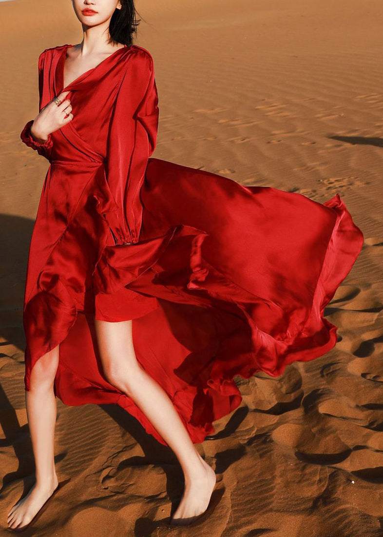 Italian Wine Red V Neck Low High Design Cotton Robe Dresses Fall