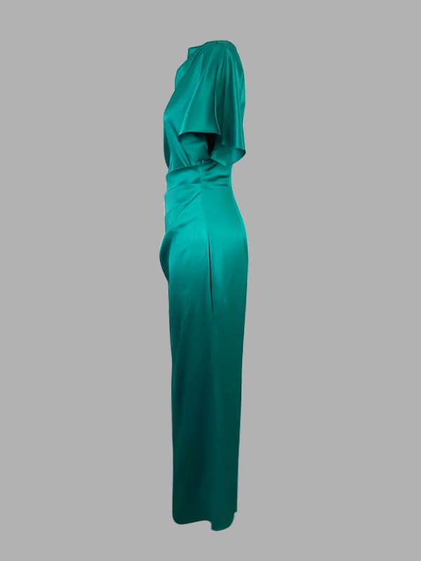 Loose Short Sleeves Pleated Solid Color Maxi Dresses
