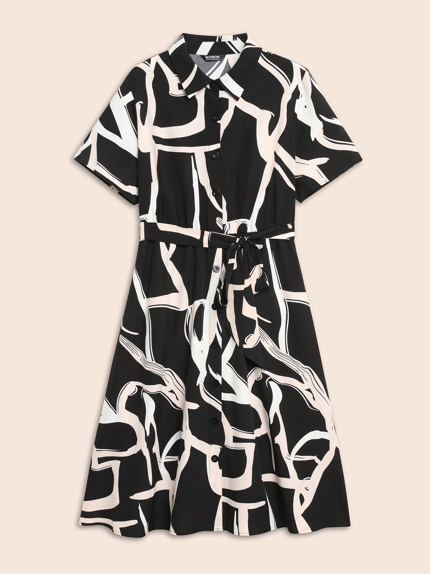 Geometric Shirt Collar Belted Midi Dress