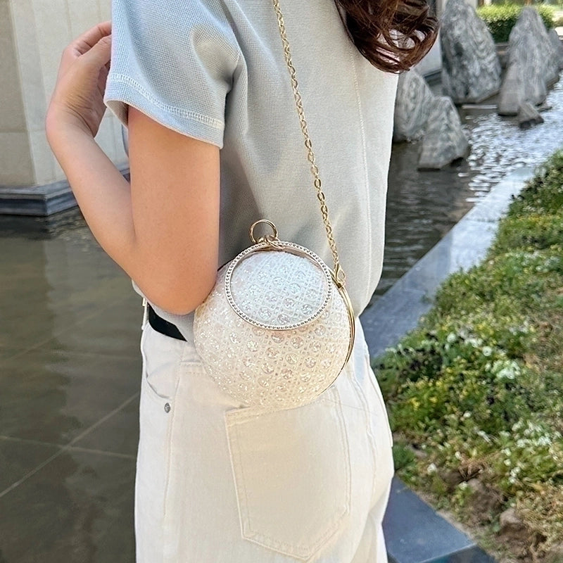 White Pink Gold Pu Leather Solid Color Sequins Round Evening Bags