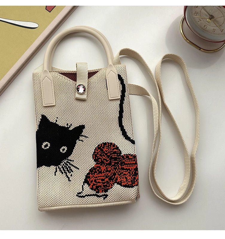 Unisex Small Knit Stripe Heart Shape Basic Vintage Style Weave Square Lock Clasp Phone Wallets
