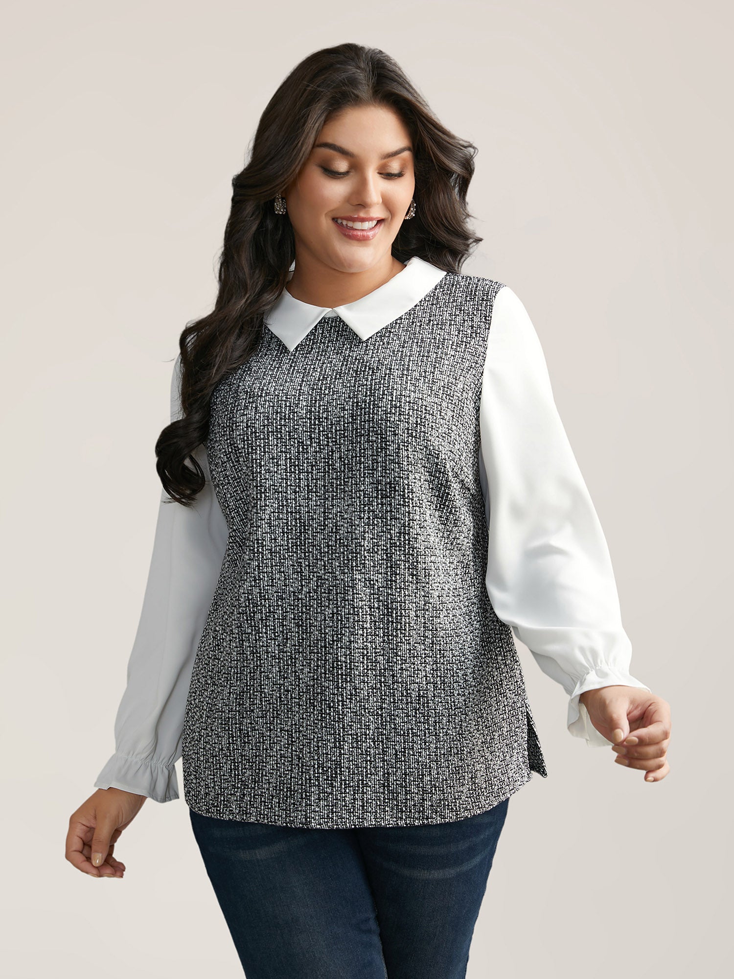 Tweed Patchwork Lantern Sleeve Blouse