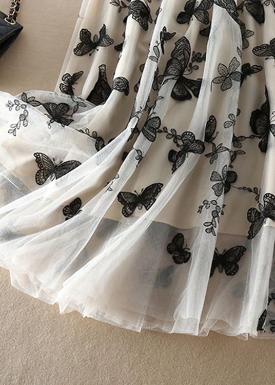 Vintage Beige Embroidered butterfly Tulle Skirts Spring