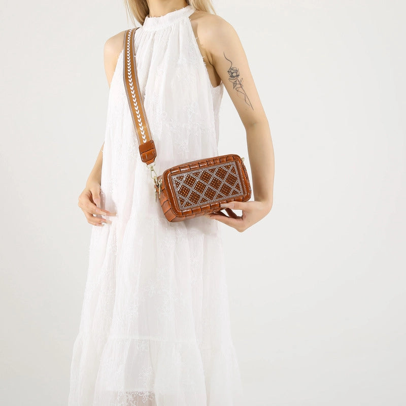 Women's Small Pu Leather Argyle Elegant Square Zipper Crossbody Bag