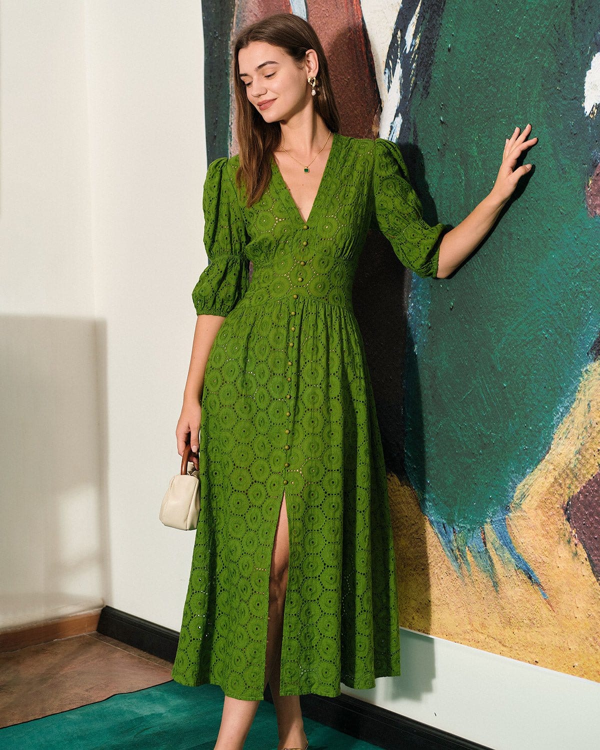 The Puff Sleeve Cutout Slit Maxi Dress