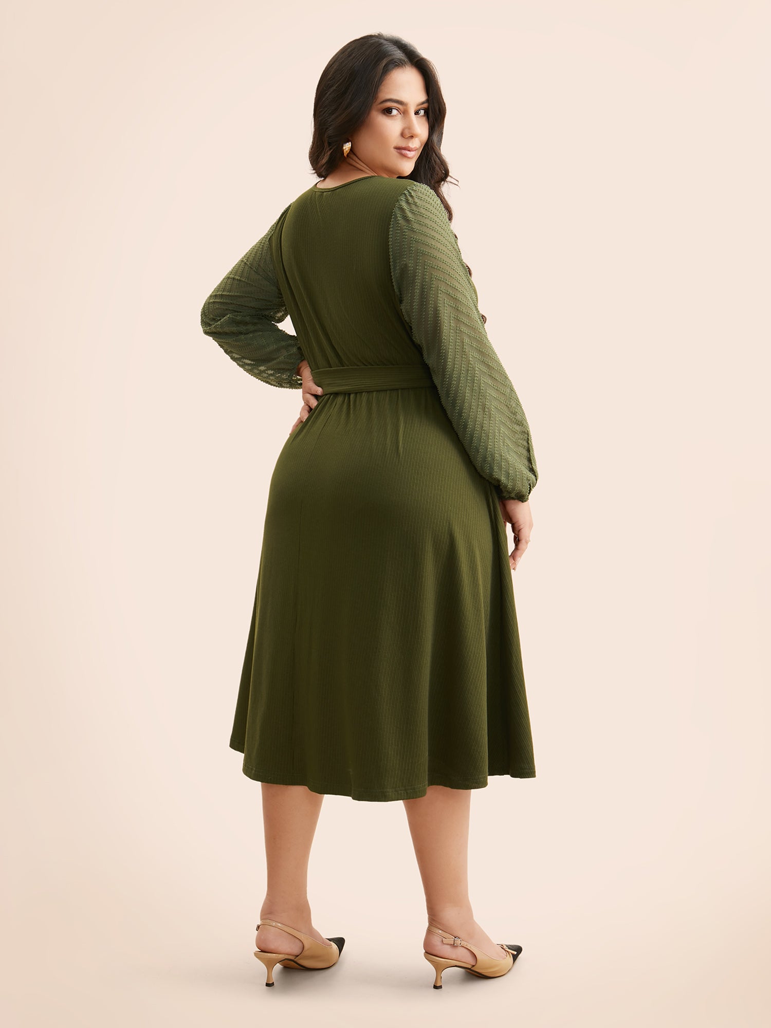 Textured Patchwork Keyhole Belted Dress