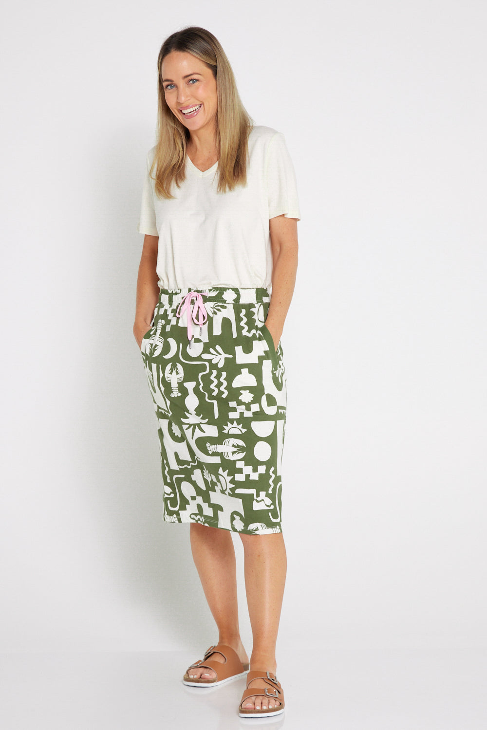 Postcard Skirt - Khaki and Cream Print