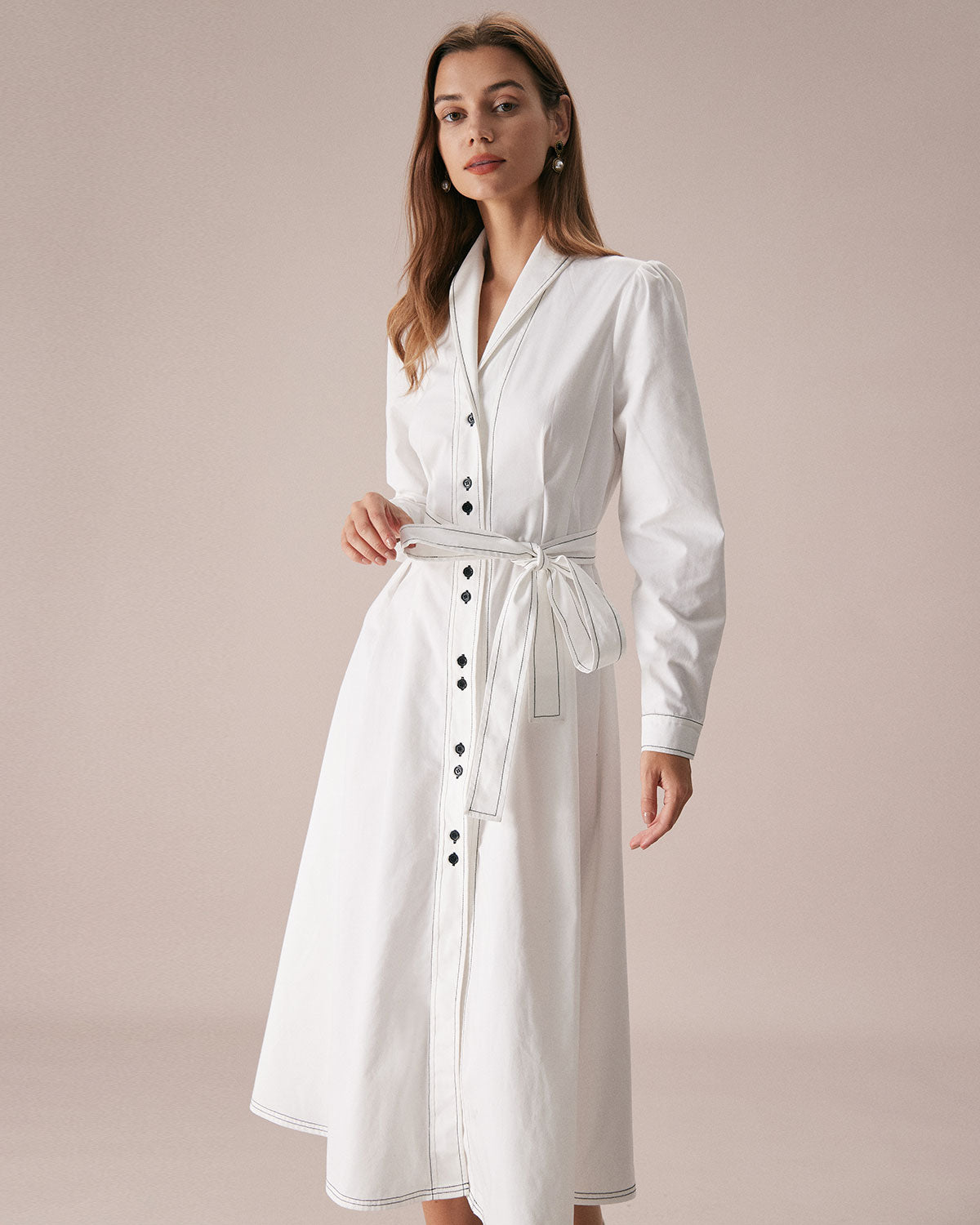 The White Lapel Contrast Stitch Midi Dress