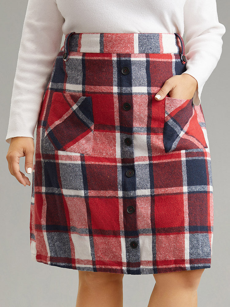 Plaid Button Detail Patched Pocket Skirt