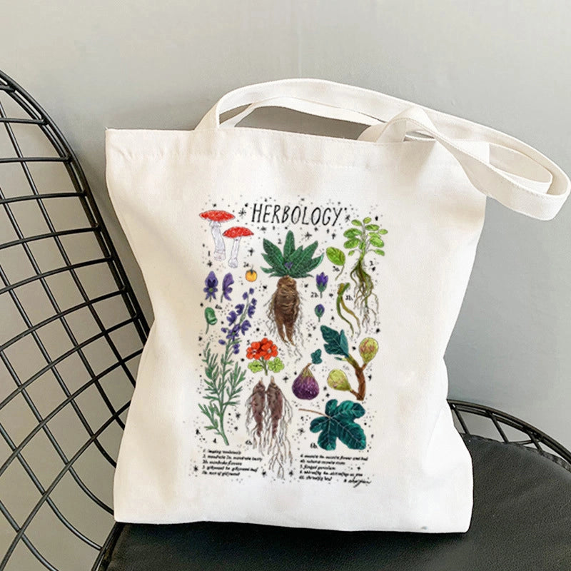 Women's Canvas Printing Letter Mushroom Cute Basic Square Open Canvas Bag