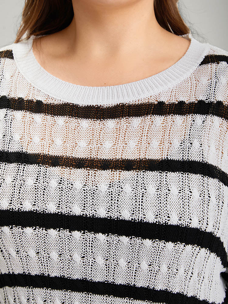 Striped Cable Knit Drop Shoulder Pullover