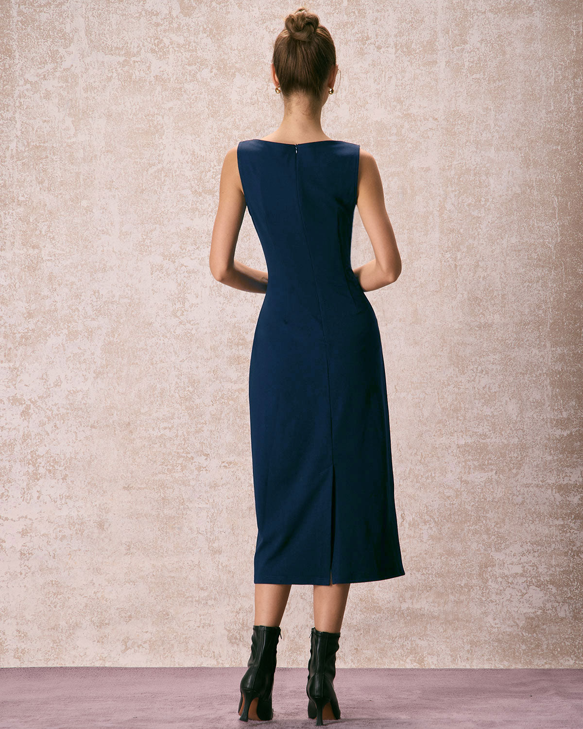 The Navy Boat Neck Ruched Midi Dress