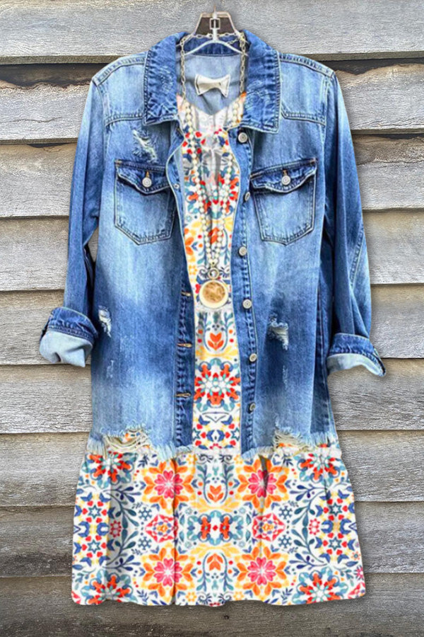 Vintage Boho Print Ruffled Midi Dress