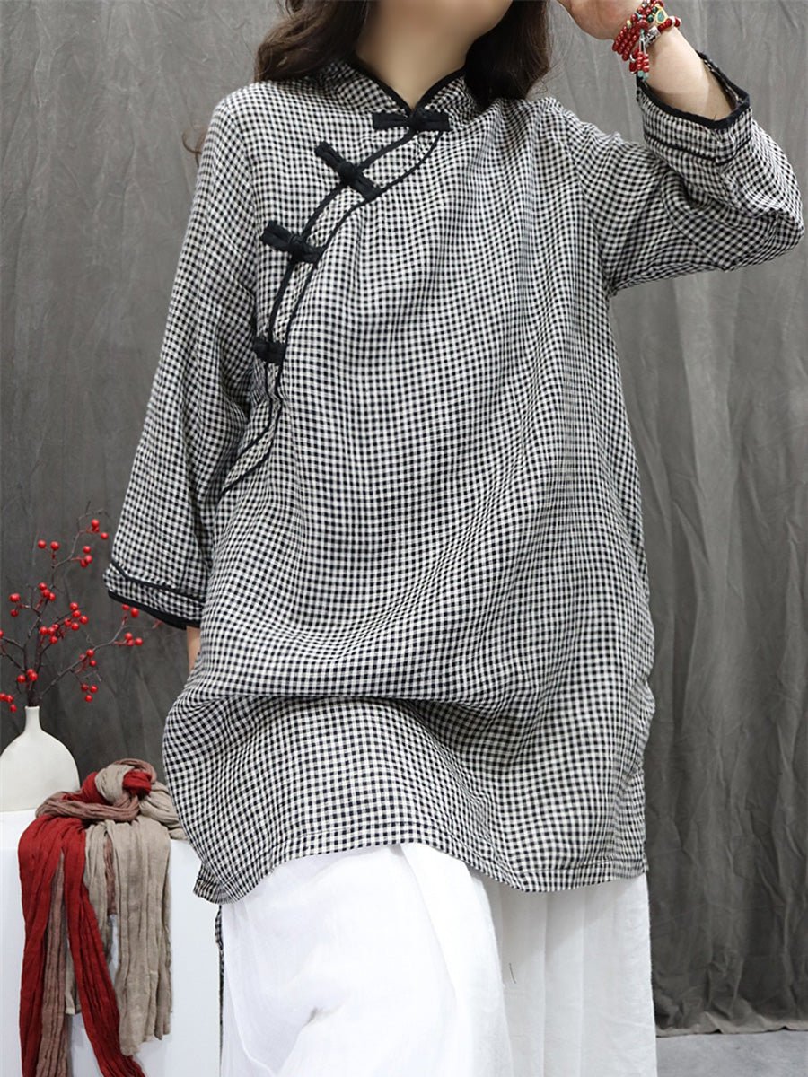 Women Summer Ethnic Plaid Stand Collar 100%Linen Shirt