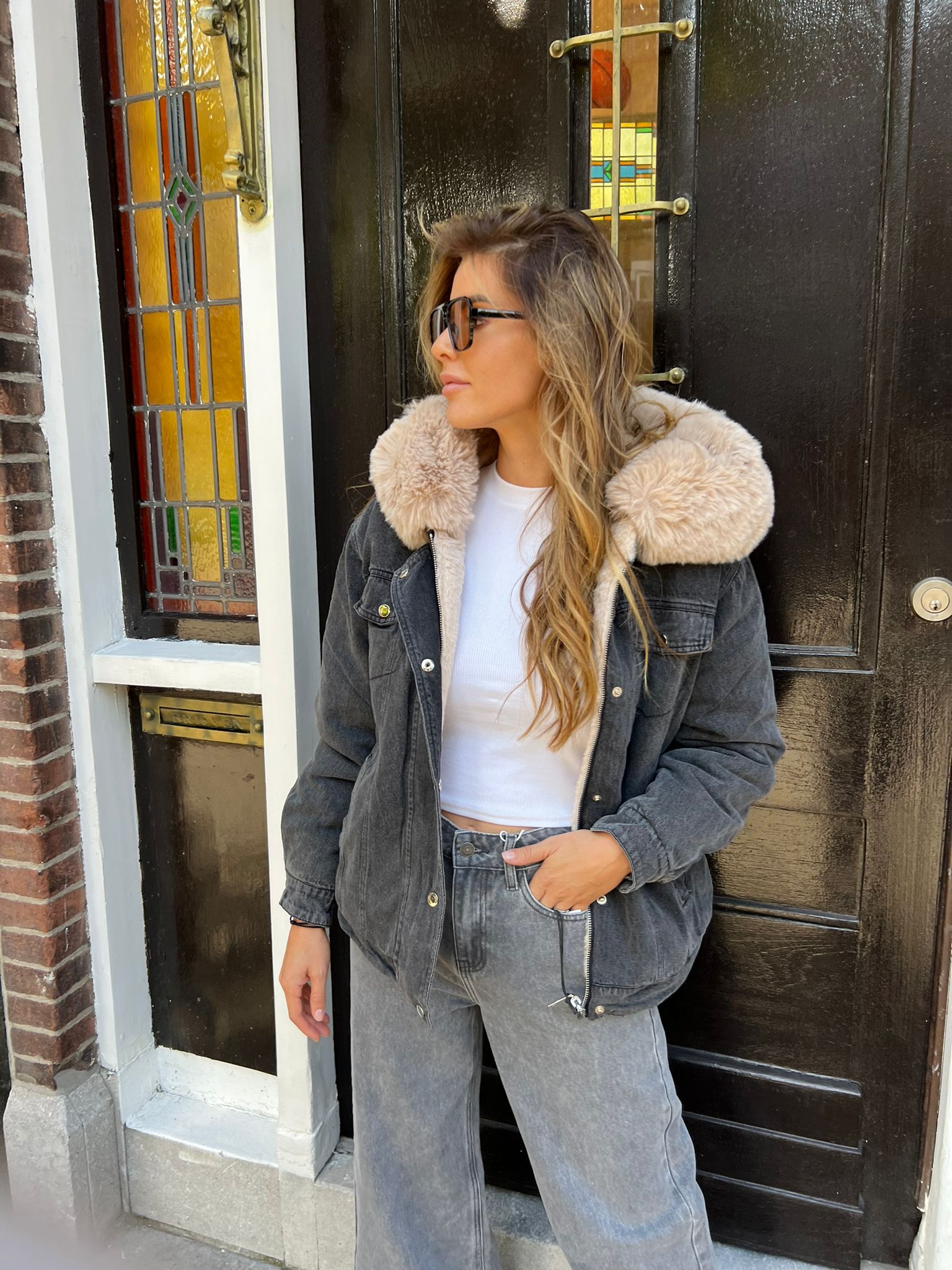 Denim Fake Fur Capuchon Jacket Dark Grey