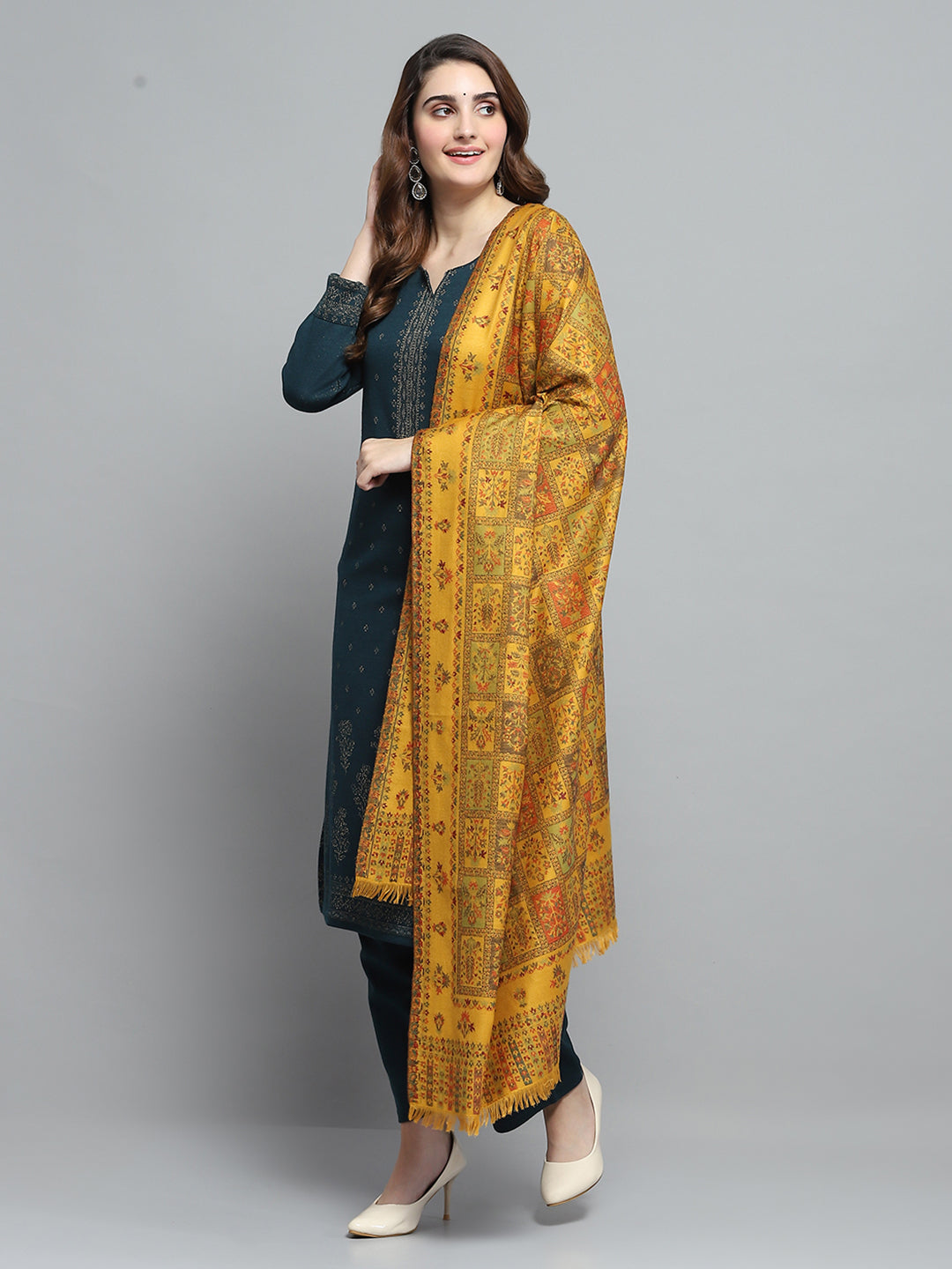 Women Mustard Self Design Shawl