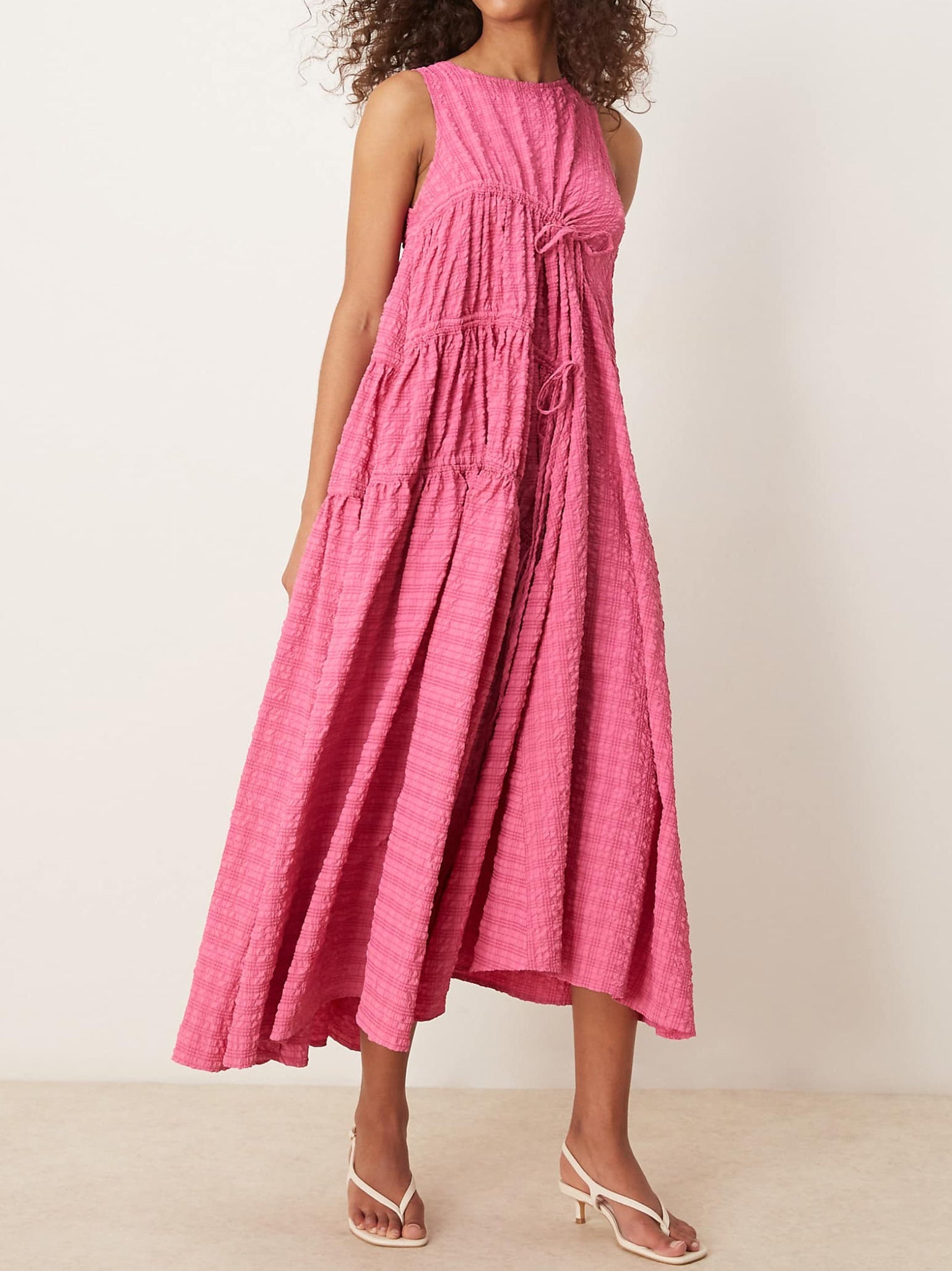 Fuchsia Pink Textured Ruched Midi Dress