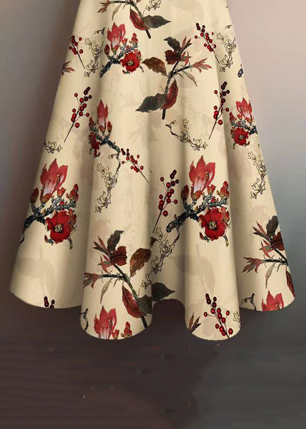 Elegant Khaki Print Elastic Waist Cotton Skirt Summer