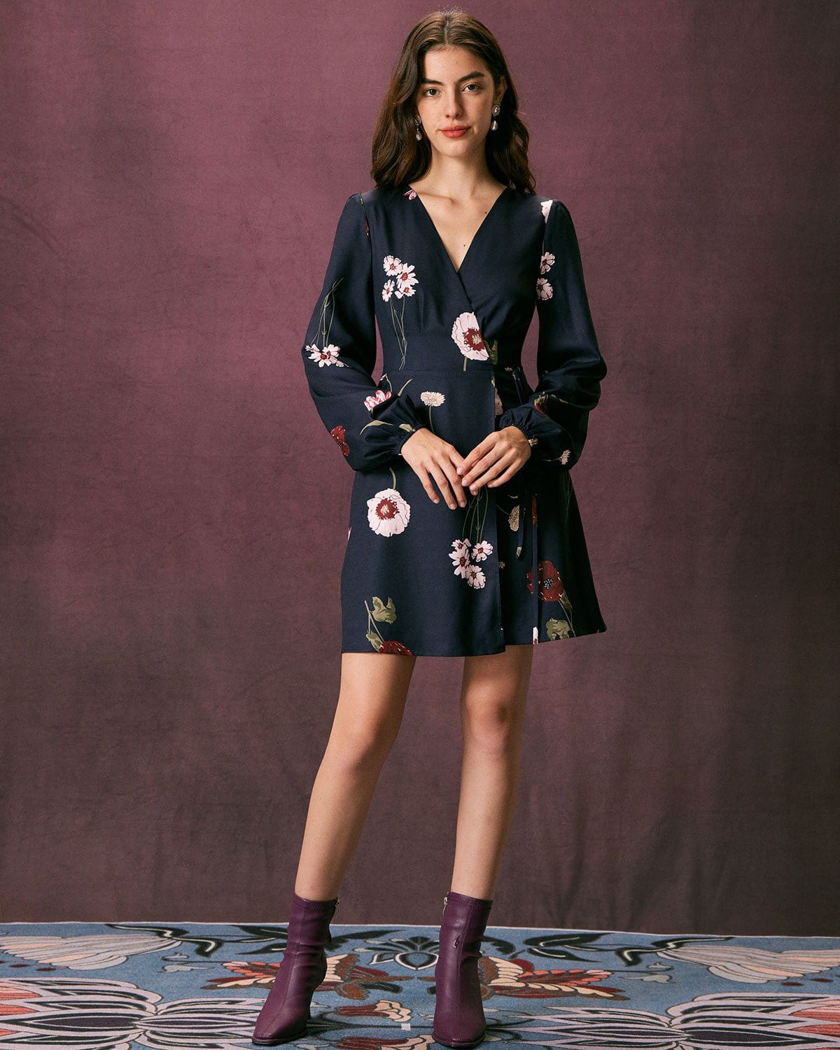 The Navy V Neck Floral Tie Wrap Mini Dress
