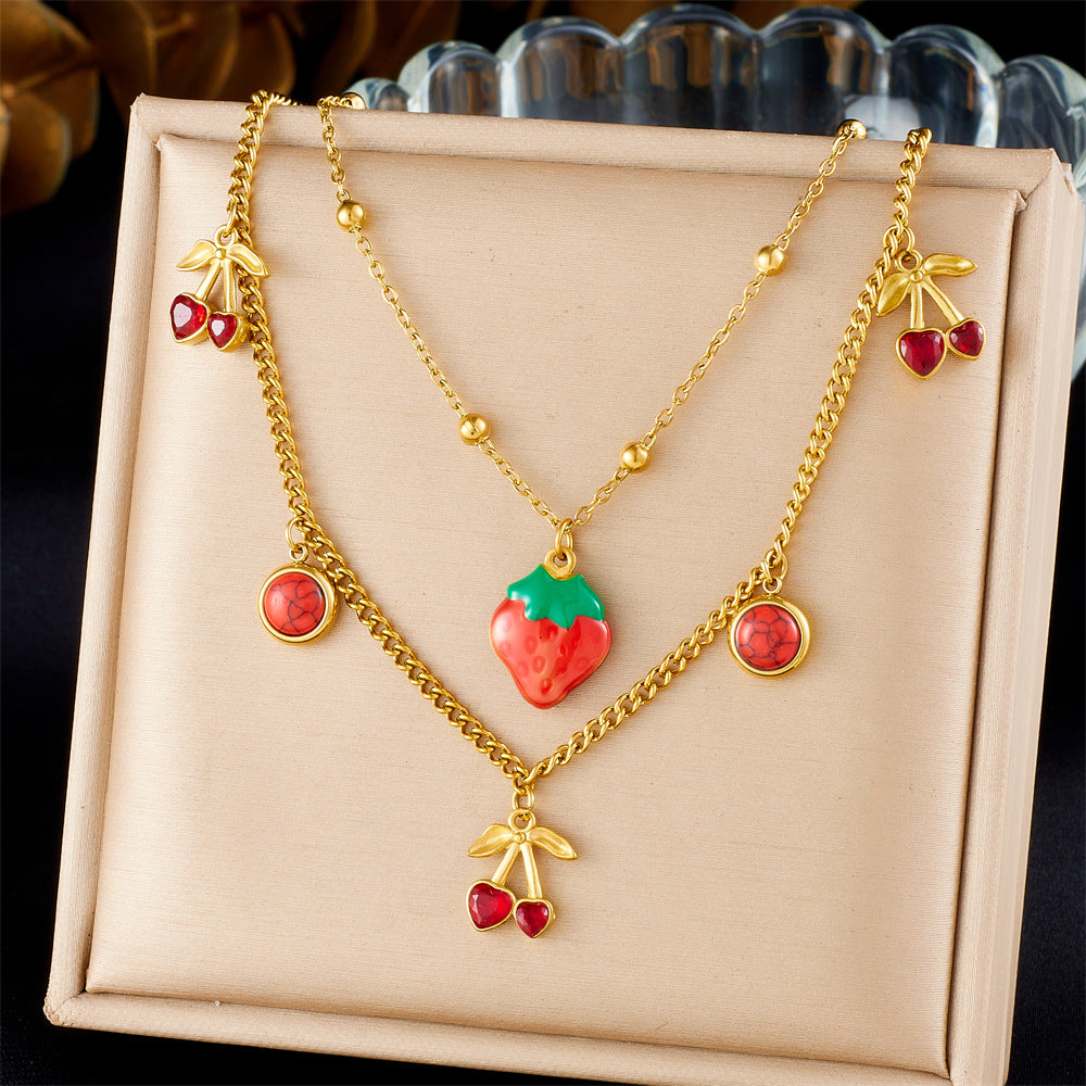 Fashion Cartoon Fruit Series Three-Dimensional Design Red Oil Drop Strawberry Cherry Apple Pendant Necklace