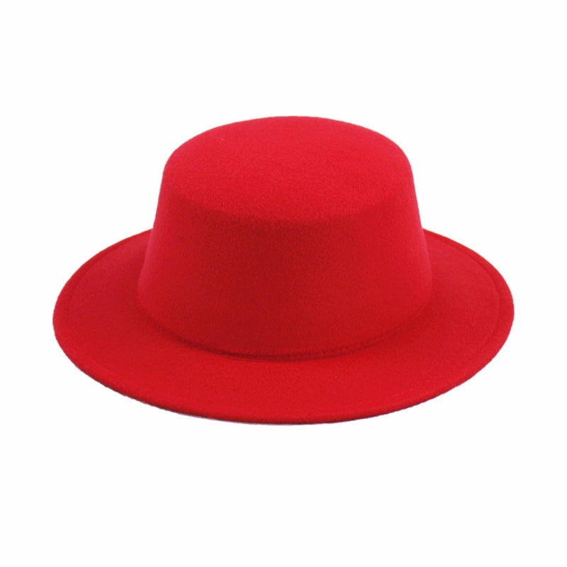 Retro Pure Black Flat Top Hat Couple Men And Women Gentleman's Hat Spring And Autumn Performance Big Brimmed Woolen Warm Hat