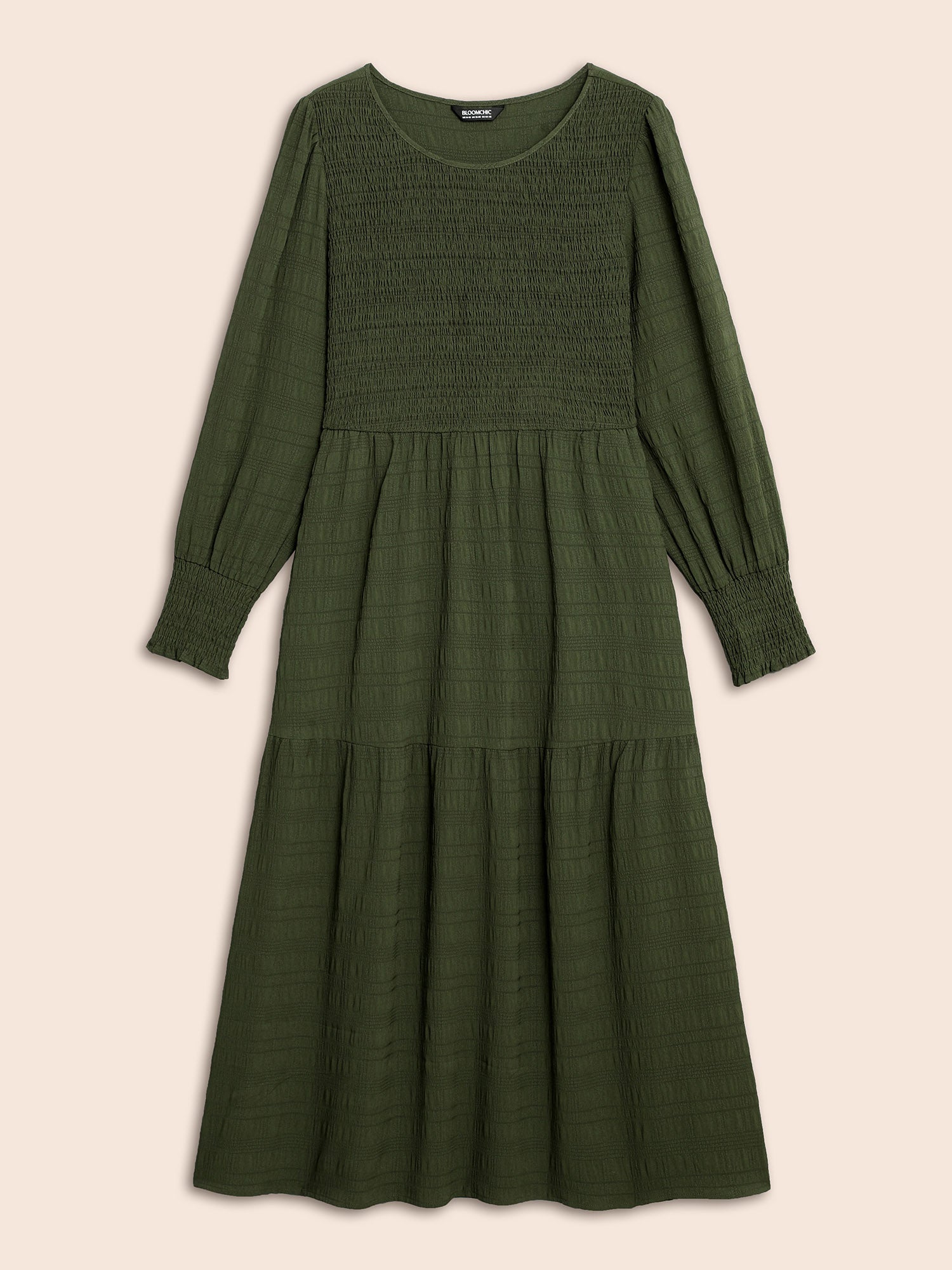 Plain Textured Shirred Midi Dress