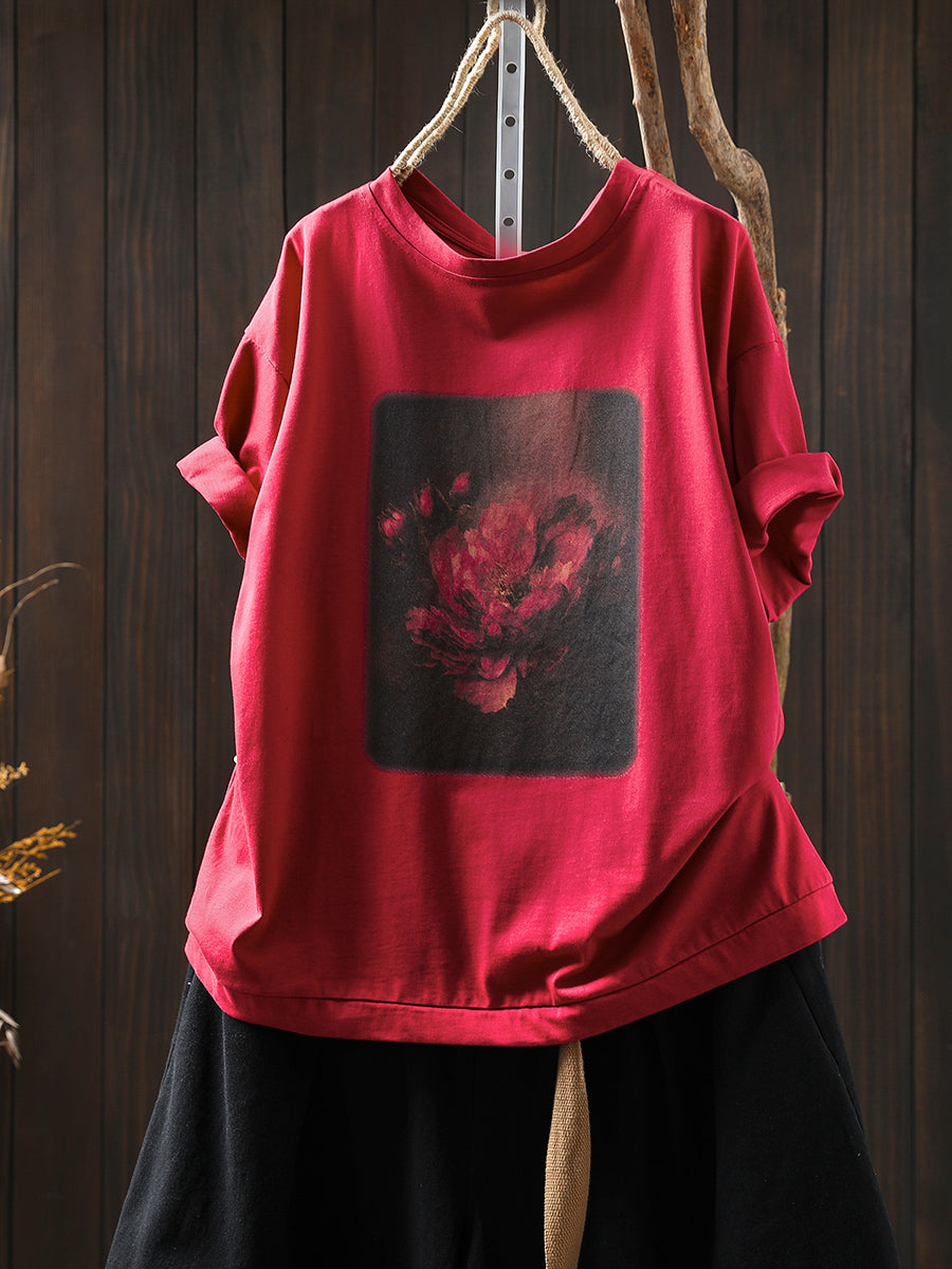 Women Summer Artsy Flower Print Cotton Shirt