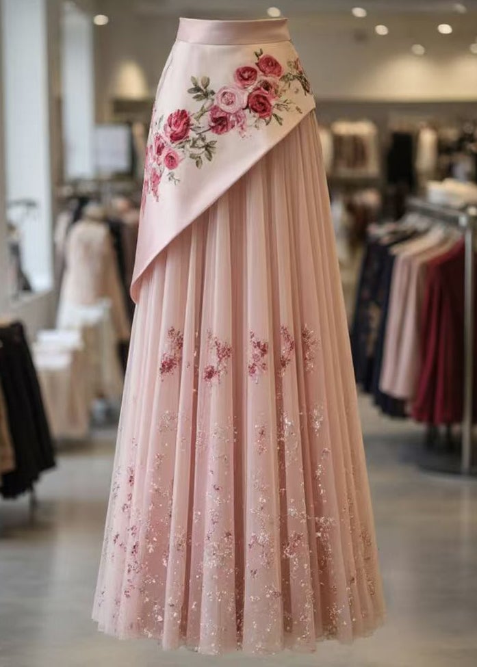 Beautiful Pink Print Wrinkled Tulle Patchwork Skirt Summer