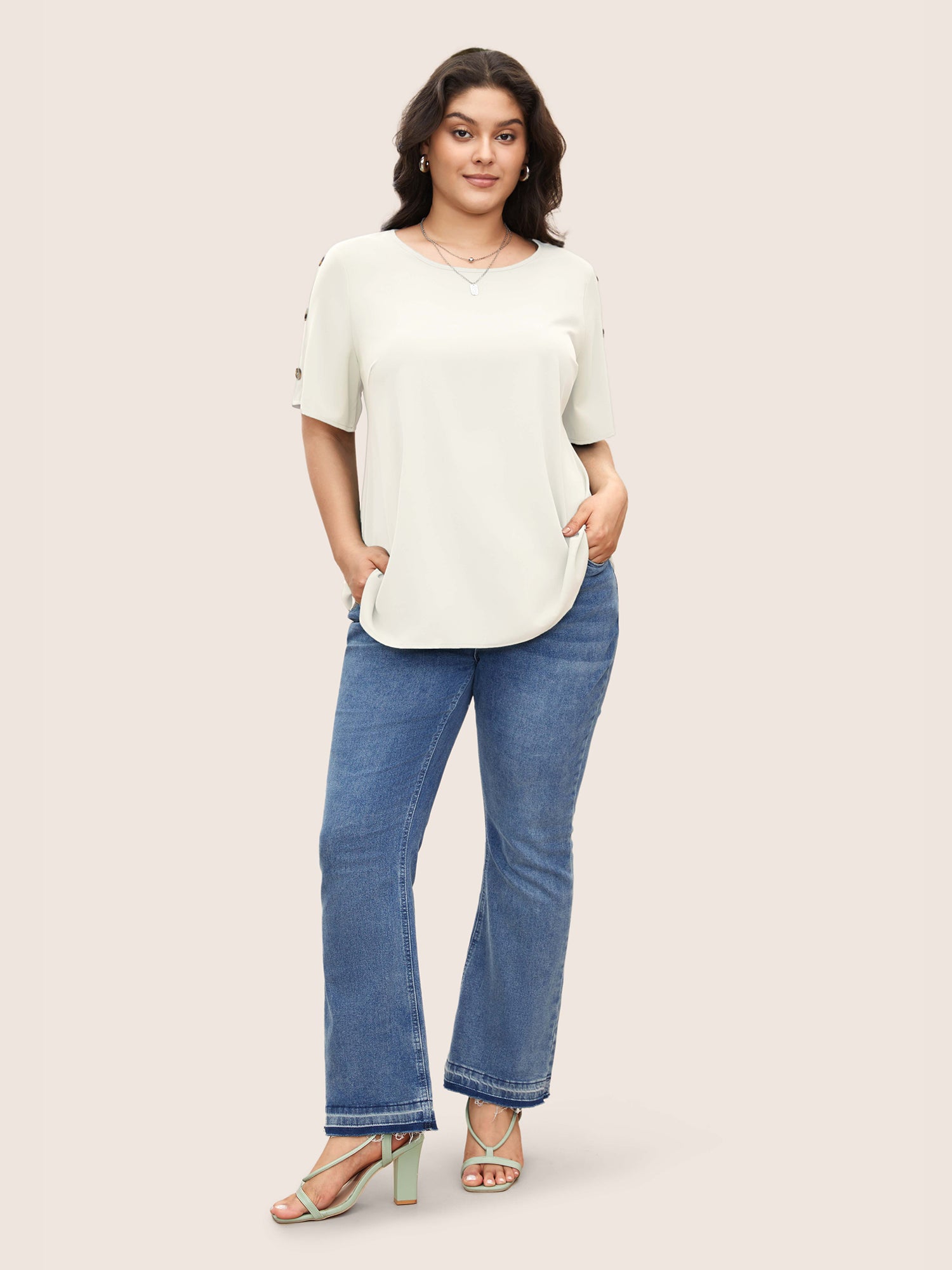 Plain Round Neck Button Detail Blouse
