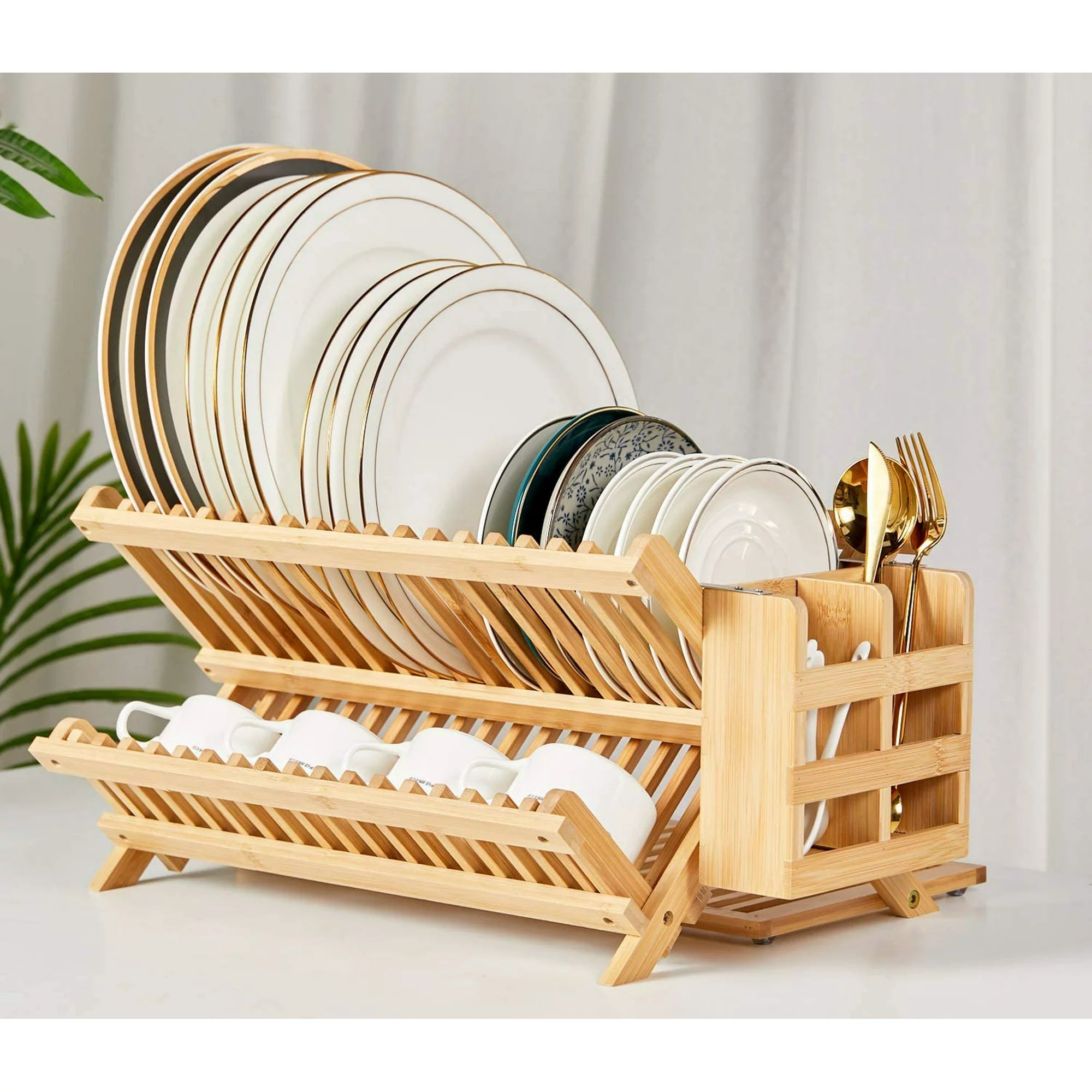 Foldable Bamboo Dish Drying Rack Holder - Wooden Flatware Dish Rack