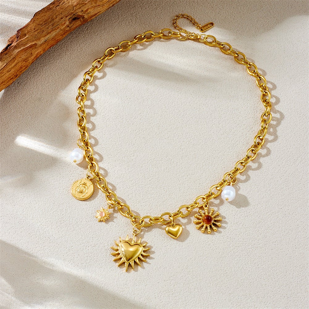 Fashion Retro Gold-Plated Thick Chain Sun Love Heart Pearl Insect Round Plate Stainless Steel Pendant Necklace