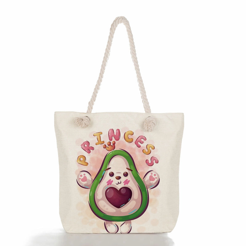 Women's Medium Linen Fruit Cute Classic Style Square Zipper Tote Bag Beach Bag