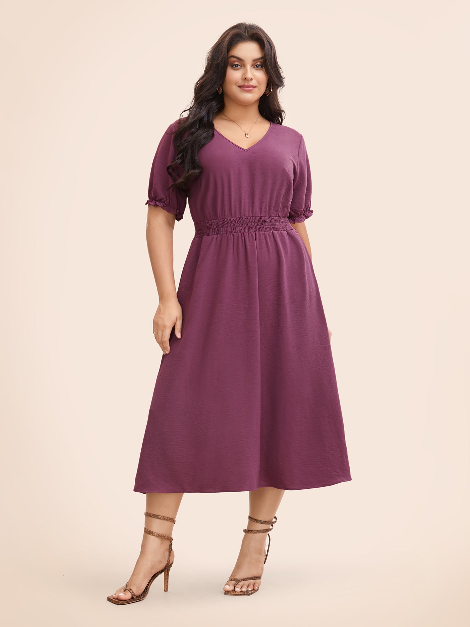 Plain V Neck Shirred Puff Sleeve Dress