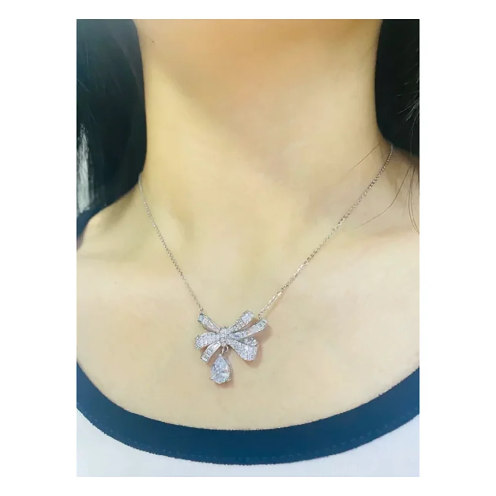 Bow knot water drop necklace 925 sterling silver light luxury diamond pendant collarbone chain