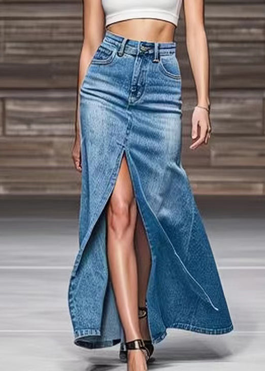 Modern Blue Front Open High Waist Skirts Summer