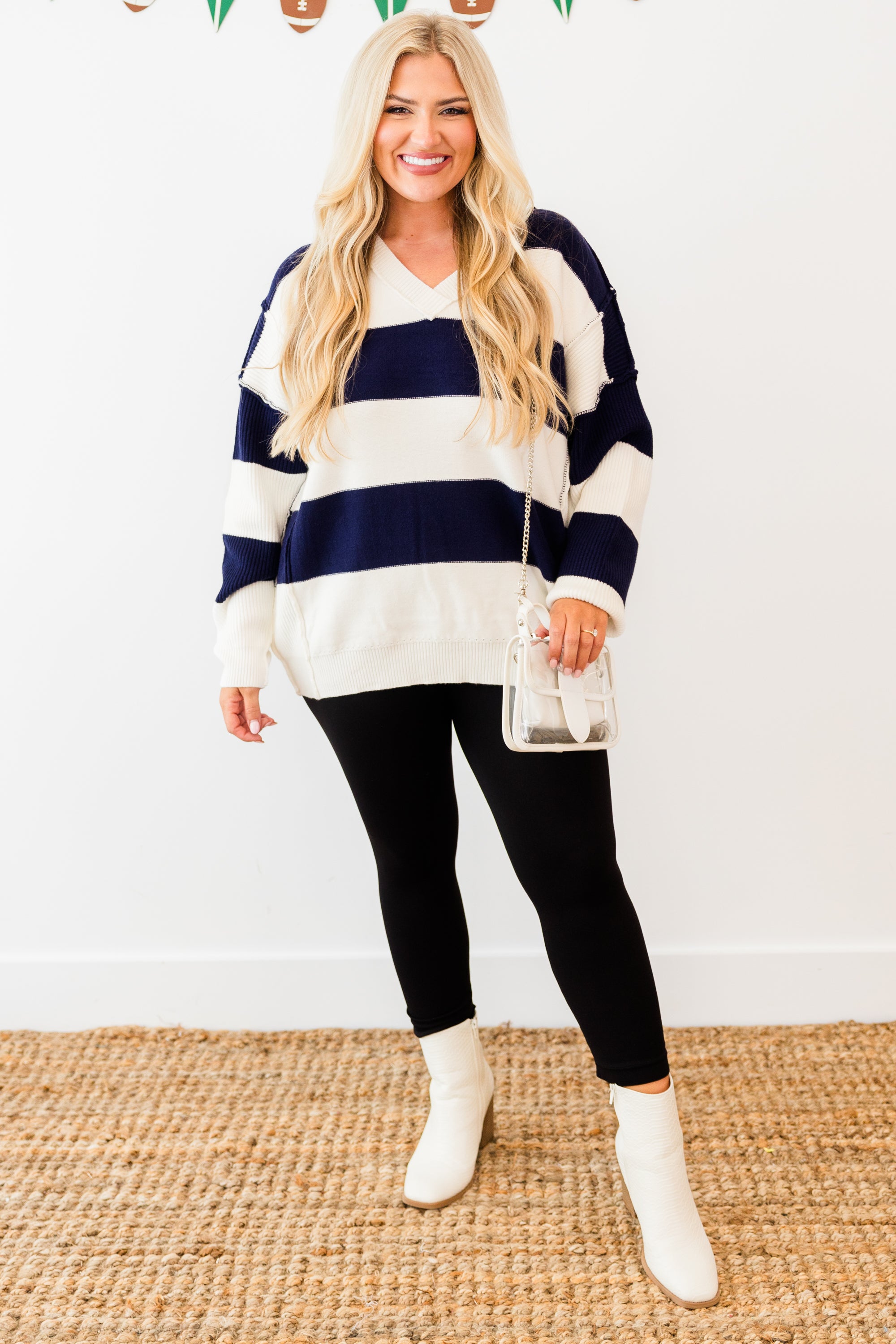 Lineage Cozy Striped Sweater. Navy-Ivory