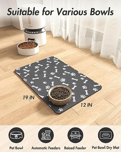 Pet Feeding Mat-Absorbent Dog Food Mat-Dog Mat for Food and Water-No Stains Quick Dry Dog Water Dispenser Mat-Pet Supplies-Dog Placemat Dog Water Bowl for Messy Drinkers 12X19 Dark Grey