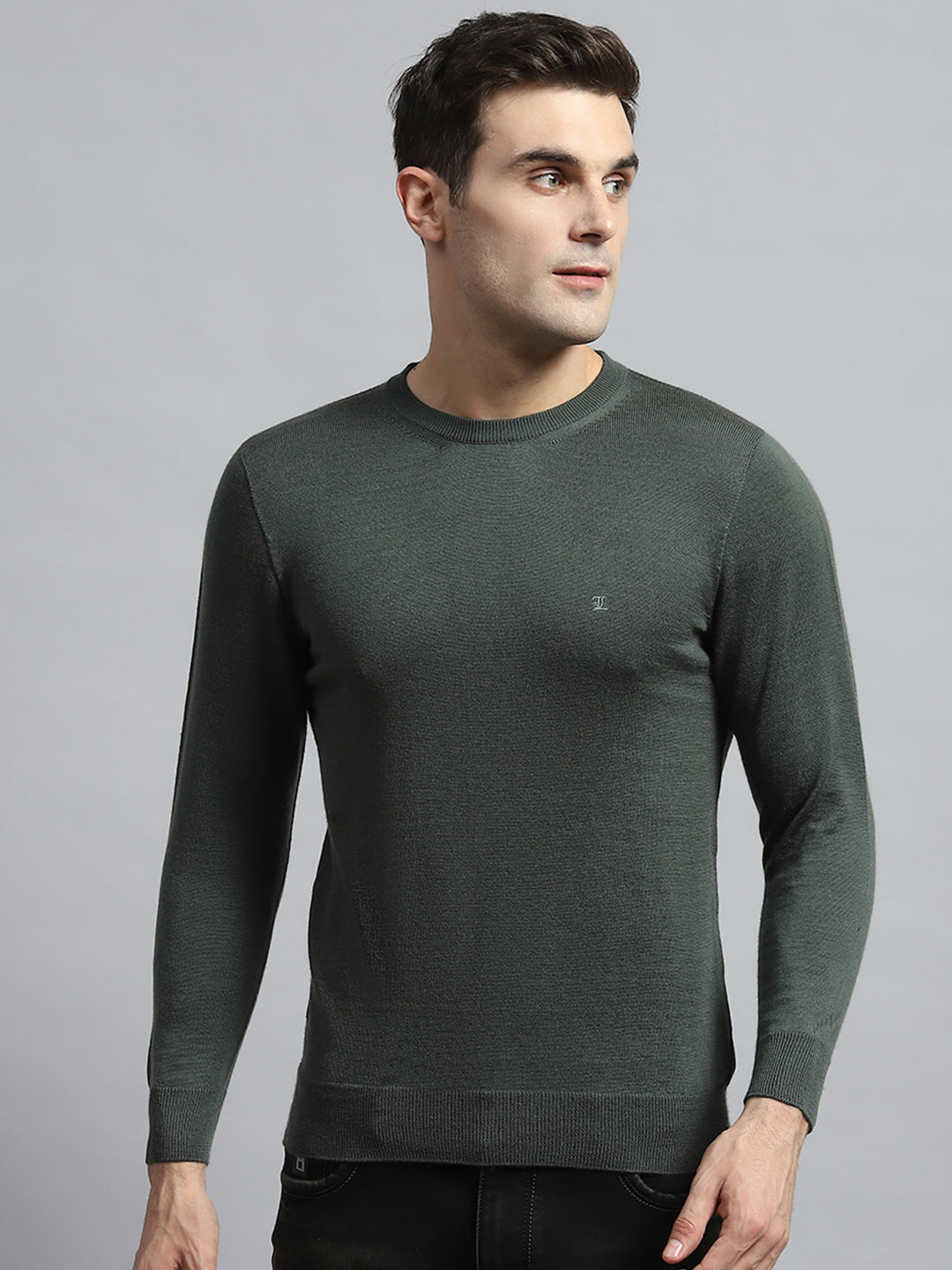 Men Olive Solid Round Neck Full Sleeve Pullover