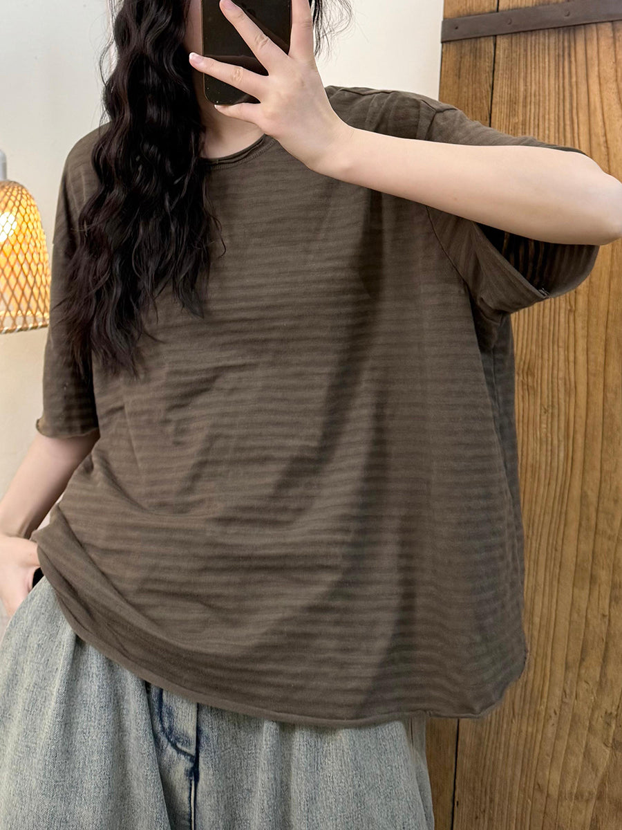 Women Summer Retro Stripe O-Neck Cotton Loose Shirt