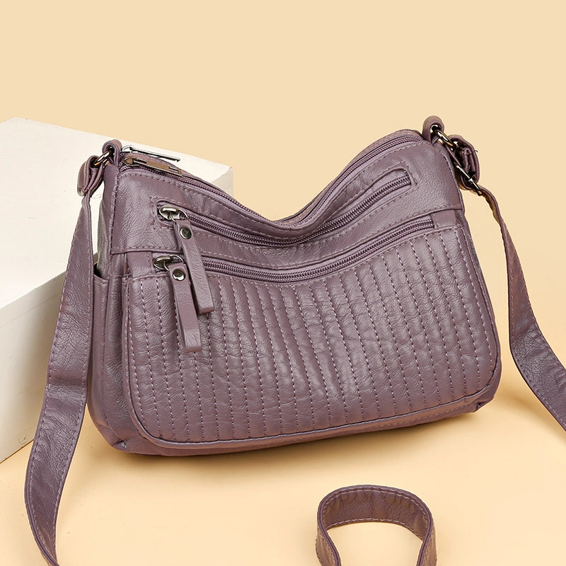 Women's Pu Leather Solid Color Classic Style Sewing Thread Square Zipper Shoulder Bag