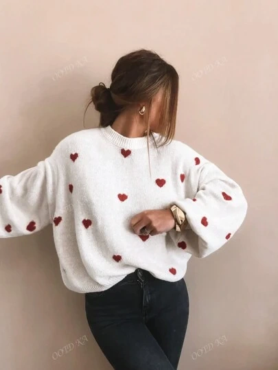 Final Sale⚡4 Packs for $24.98⚡ -Women's Heart Patterned Crew Neck Sweater